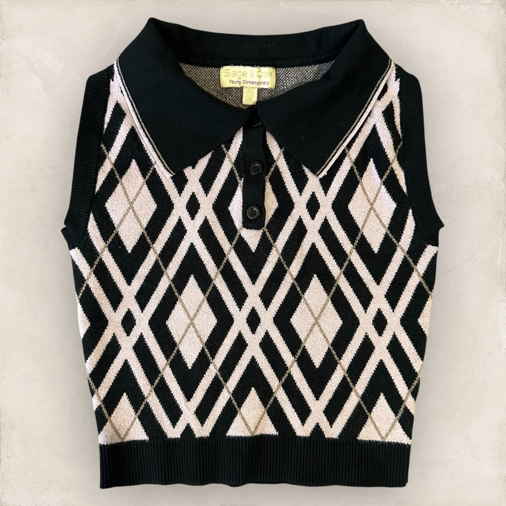 Sage & Oak Sweater Sleeveless Polo Top XS Pink Black Chevron Twee Vintage